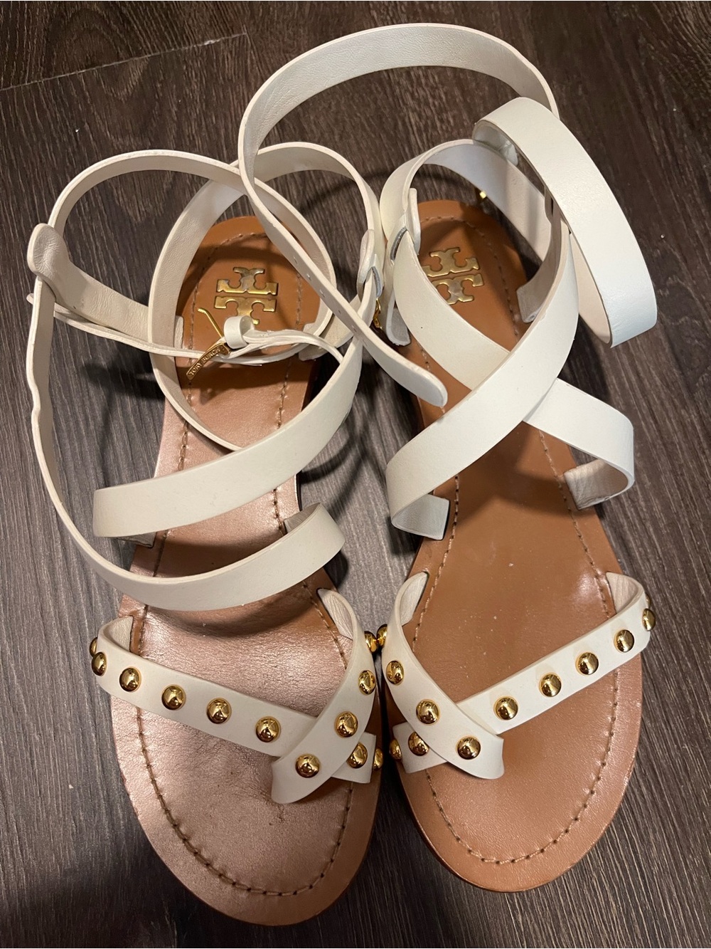 Tory Burch White Leather Studded Strappy Sandals